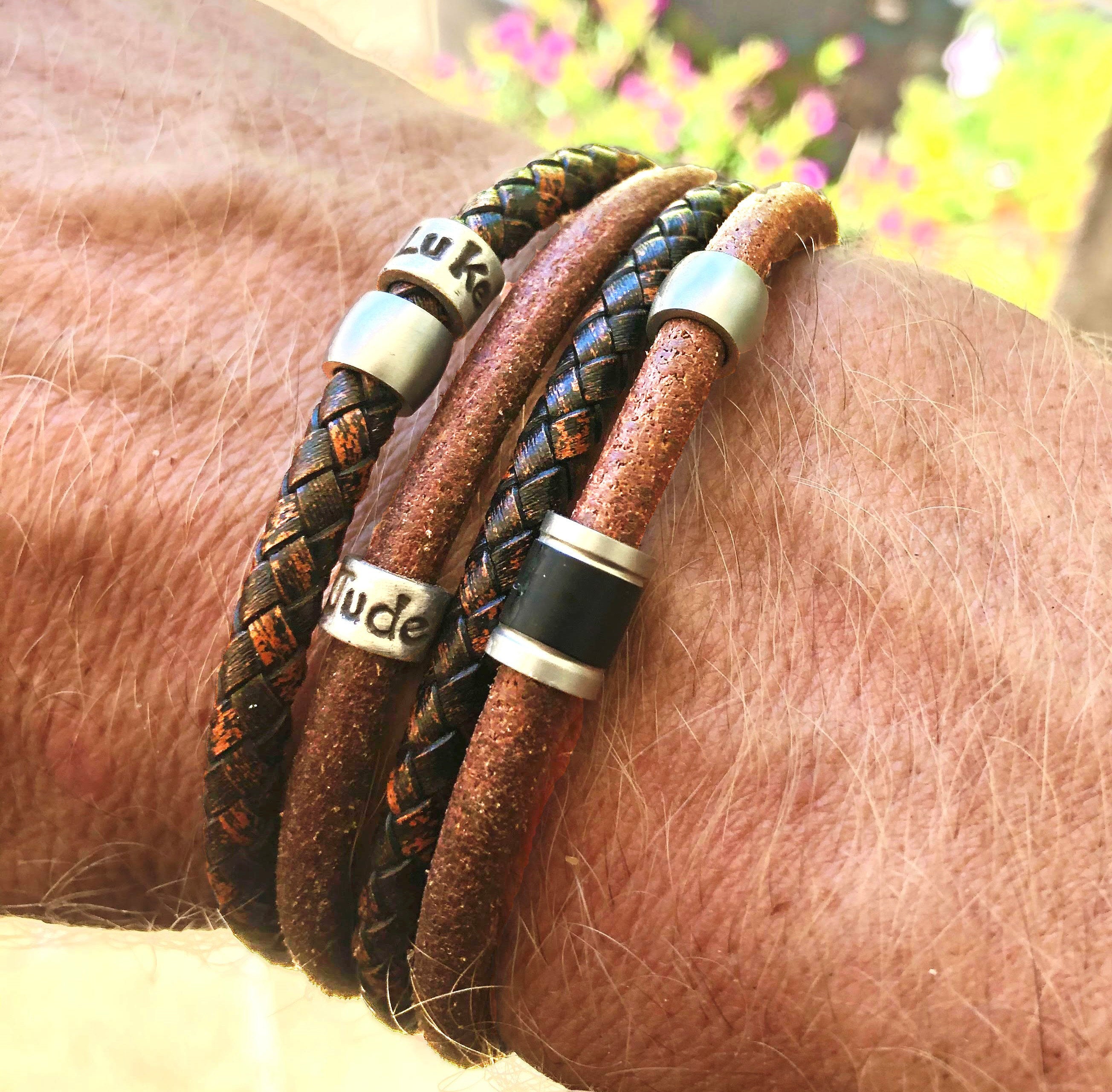 Mens Personalised Bracelet, Fathers Day, Leather Bracelet, Engraved Bracelet, Mens Leather Band, Leather Wrap, New Dad Gift, Grandpa Gift