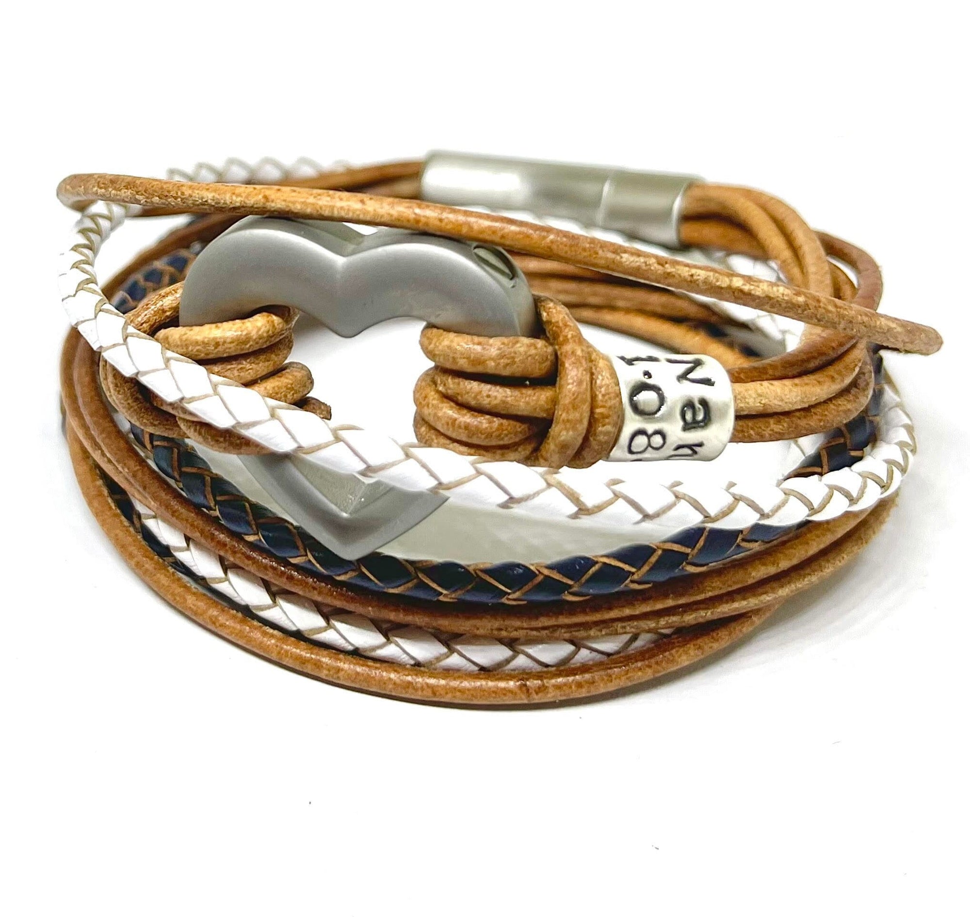 Two tone leather bracelet, personalised with silver beads and a heart shaped stainless steel urn.