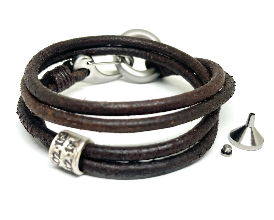 Brown leather wrap bracelet, personalised with silver beads and a stainless steel urn.