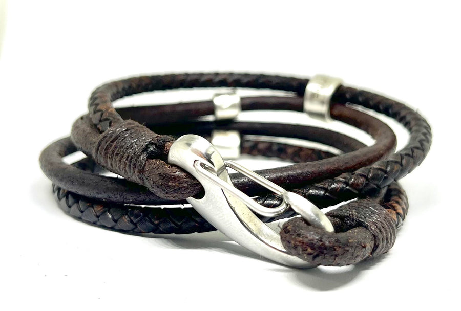 Brown Footprint Charm Mens Leather Wrap Bracelet, Custom Engraved Bead Double Wrap Leather Bracelet, Husband Bracelet Mens Braided Leather