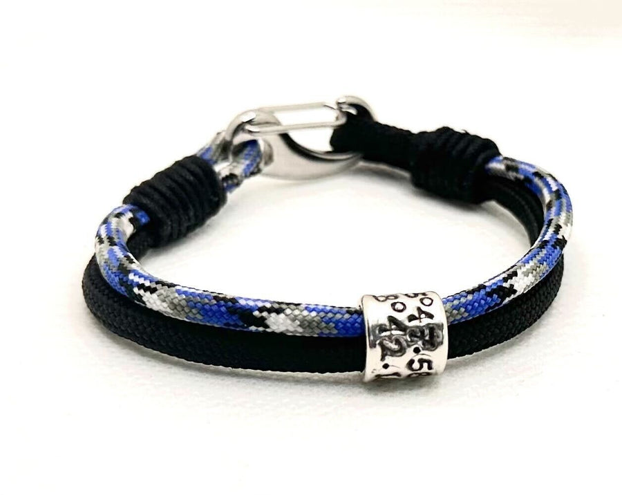 Blue and Black Paracord Bracelet, Custom Paracord Bracelet for Men, Personalized Paracord Bracelet, Nylon Cord Bracelet. Personalised with a fine silver bead with custom engraving.
