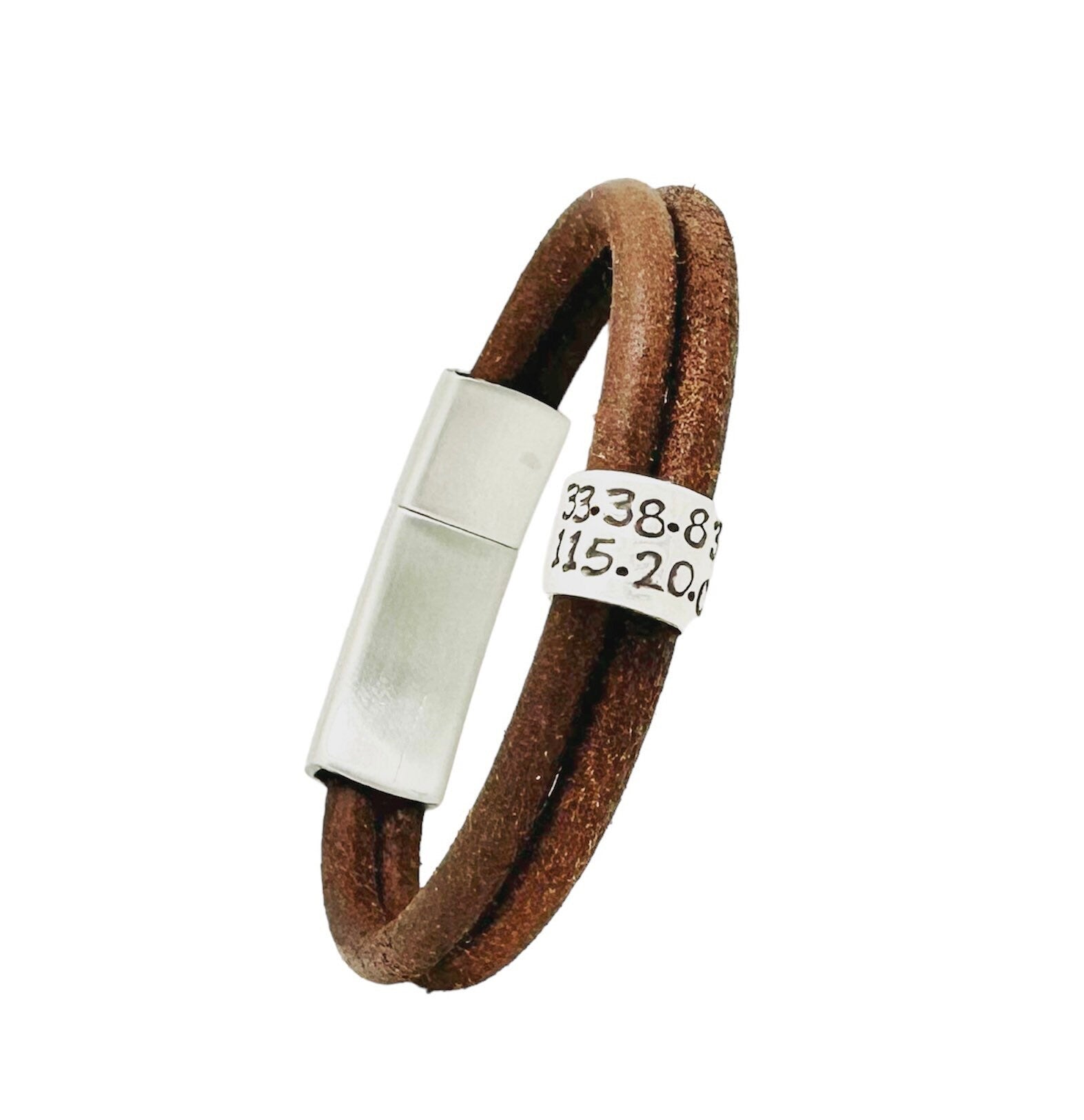 Brown Round Cord Custom Engraved Leather Bracelet With Coordinates, Personalized Leather Wrap Bracelet, Coordinates Bracelet for Men
