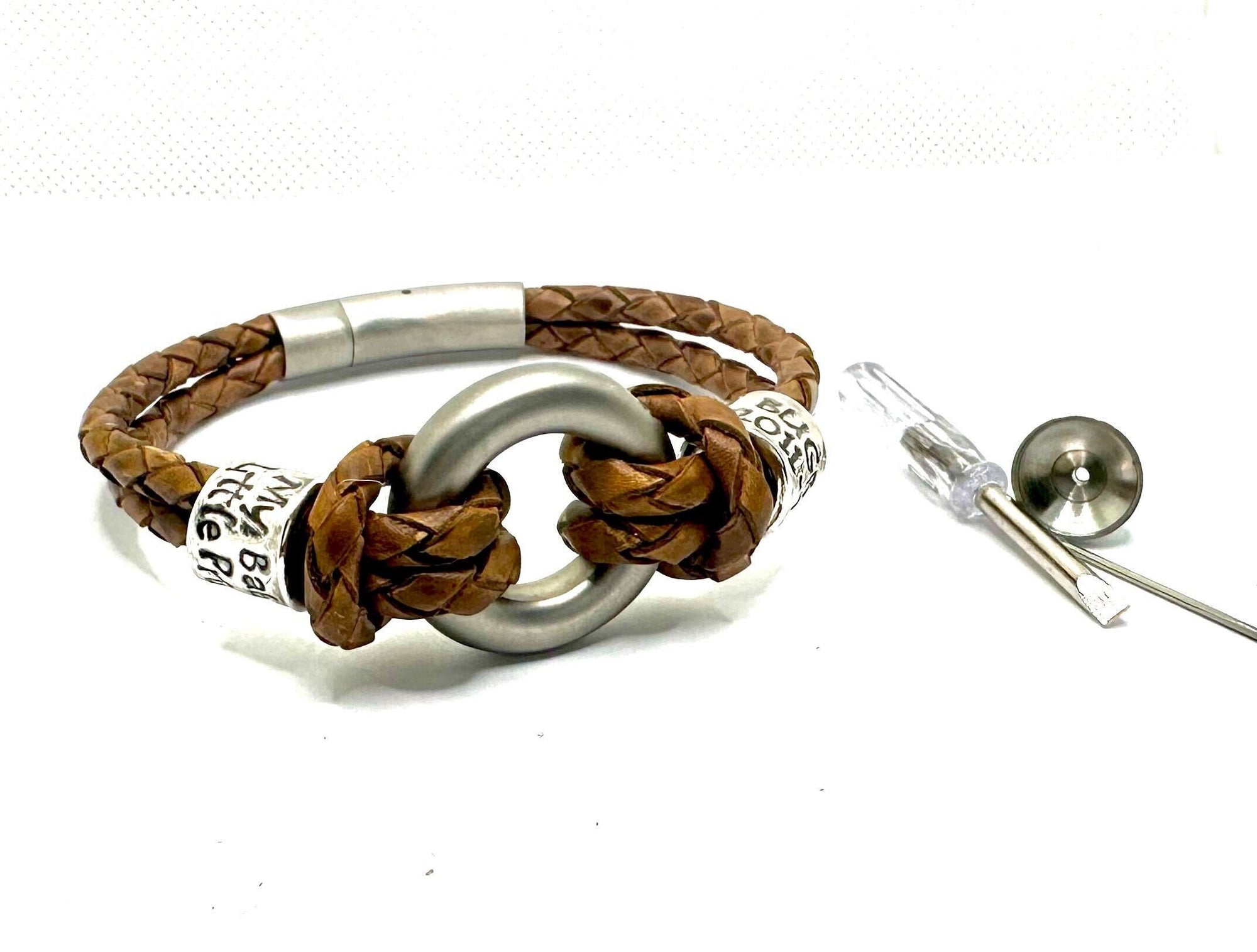 Personalised Braided Leather Double Cord Urn Bracelet for Ashes with Pure Silver Beads, Custom Engraved, Tan, Antique Brown or Black.