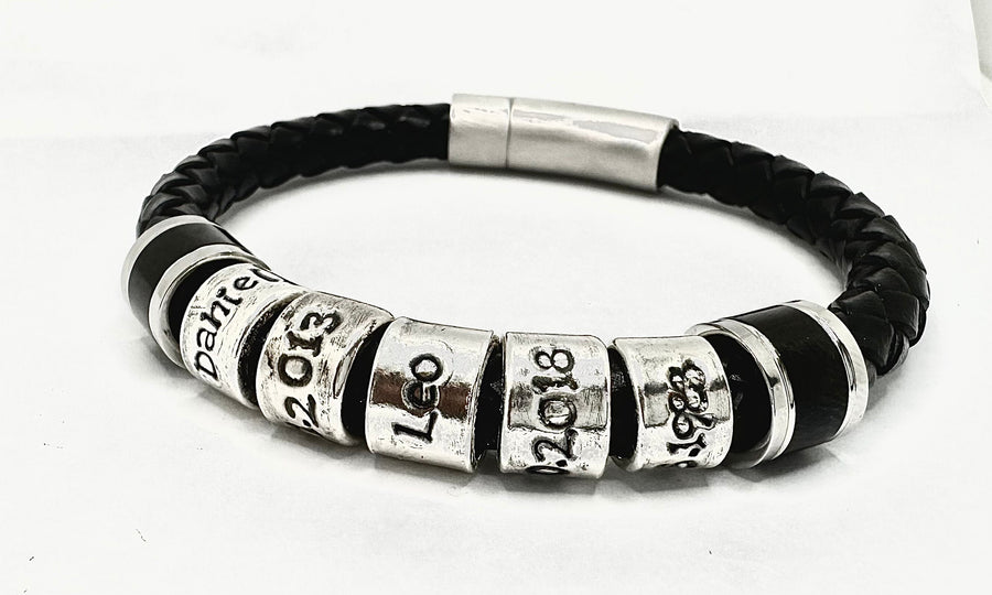 Black Braided Bracelet Miscarriage Gift Or Loss Of Father, Husband Bracelet, Mens Braided Leather Bracelet With Custom Engraved Beads
