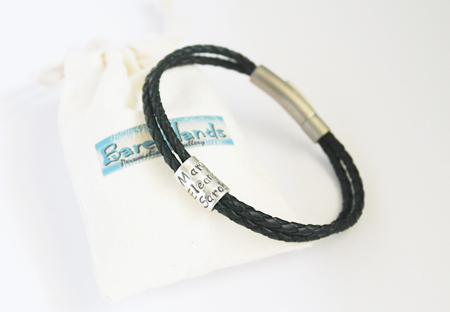 Black Double Wrap Braided Leather Bracelet and Personalised Name Bead Bracelet . Mens leather bracelet . Womens Leather Bracelet .
